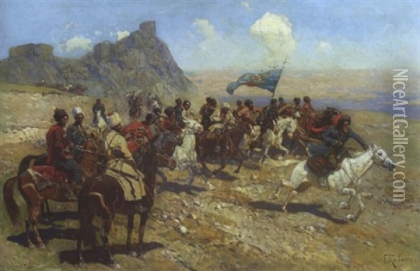 Tscherkessenreiter Im Aufbruch Zum Gefecht Oil Painting - Franz Roubaud