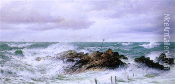 Waves Crashing Into The Rocks Oil Painting - David James