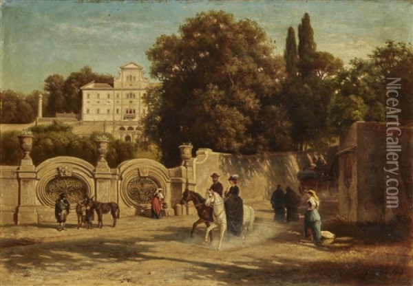 Street View In Front Of Villa Aldobrandini Oil Painting - Eduard Cohen