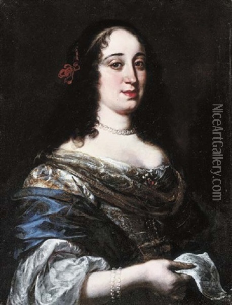 Portrait Of A Lady, Vittoria Della Rovere (?), Half-length, In A Blue And White Dress, Holding A Sheet Of Music Oil Painting - Vincenzo Dandini