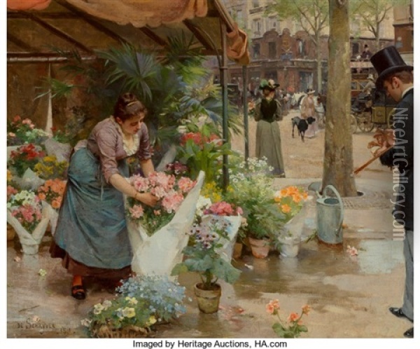 Le Marche Aux Fleurs De La Madeleine Oil Painting - Louis Marie de Schryver