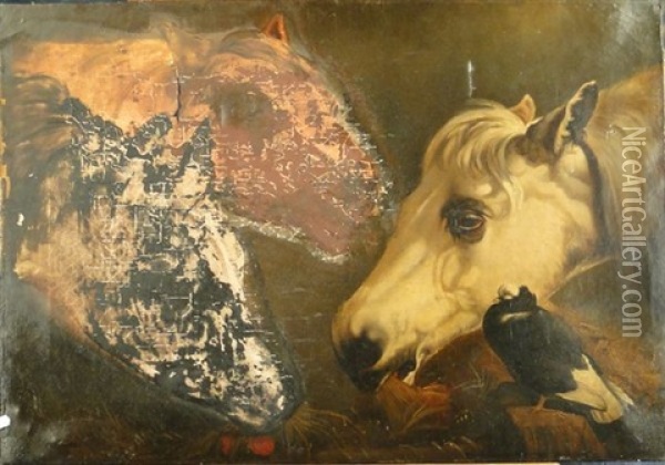 Tetes De Chevaux Et Oiseau Oil Painting - Sir Edwin Henry Landseer