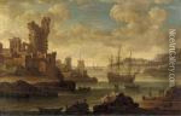 A Mediterranean Coastal Landscape Oil Painting - Adriaen Van Der Kabel