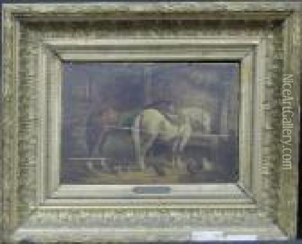 Horses In A Stable Oil Painting - Wouterus Verschuur