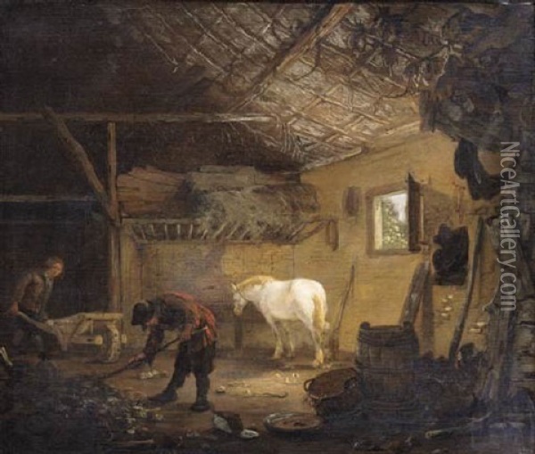Grooms At Work In A Stable Oil Painting - Cornelis Gerritsz Decker