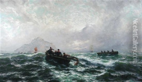 Fishermen Trawling Nets Off Mont St. Michel, With Clippers Beyond Oil Painting - Thomas Rose Miles