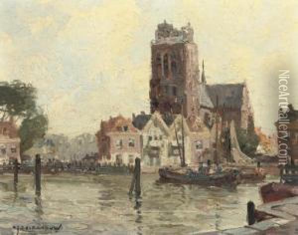 A Summer's Day With The Grote Kerk Beyond, Dordrecht Oil Painting - Gerardus Johannes Delfgaauw