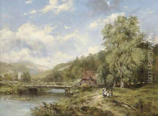 A Wooded River Landscape, With Figures On A Path By A Bridge, A Village Beyond Oil Painting - Frederick Waters Watts