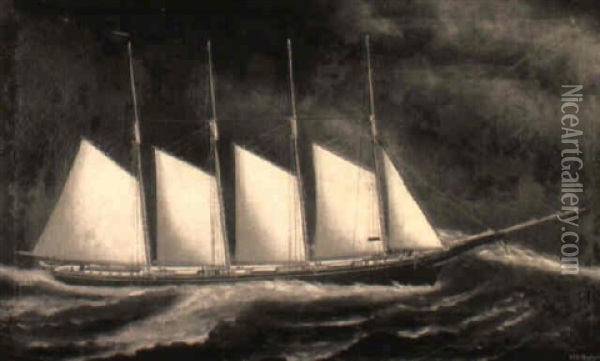 Portrait Of The Four-masted Schooner 'mount Hope' In Stormy Seas Oil Painting - Solon Francis Montecello Badger