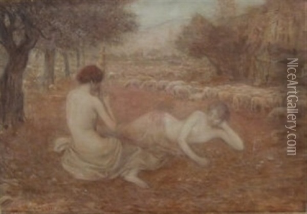 Mythological Scene With Two Draped Nudes In A Landscape With Sheep Oil Painting - Louis Joseph Raphael Collin