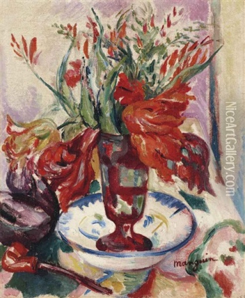 Tulipes Dans Un Verre Rouge Oil Painting - Henri Charles Manguin