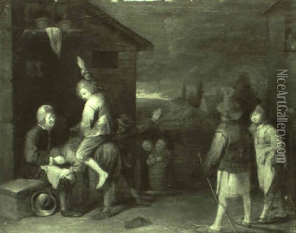 Landliche Belustigung Vor Einem Bauernhaus (das Heishandspiel) Oil Painting - David Ryckaert III