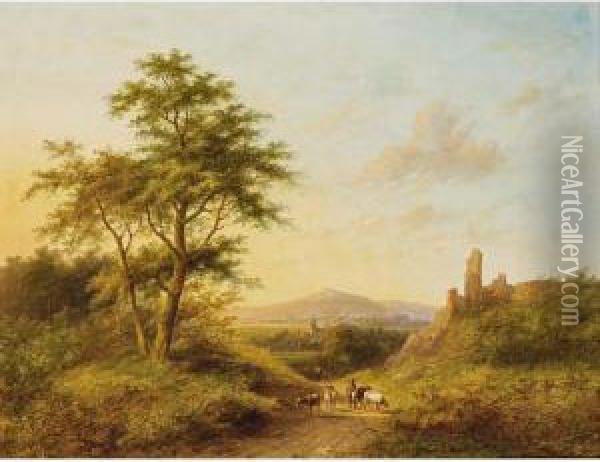 Figures And Cattle In A Panoramic Landscape Oil Painting - Jan Evert Morel