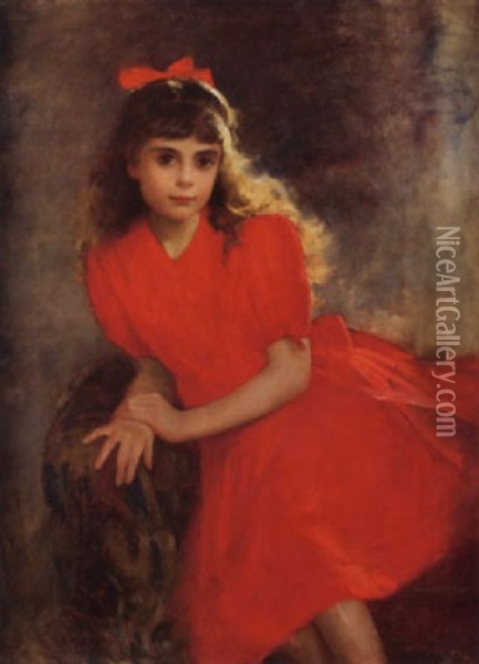Portrat Eines Madchens Im Roten Kleid Oil Painting - Hugo Salmson