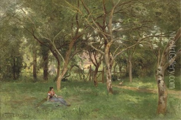 A Rest In The Orchard Oil Painting - Louis Emile Dardoize