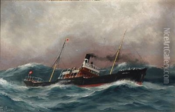 The Cargo Steamer Absalon In Rough Seas Oil Painting - T.G. Purvis