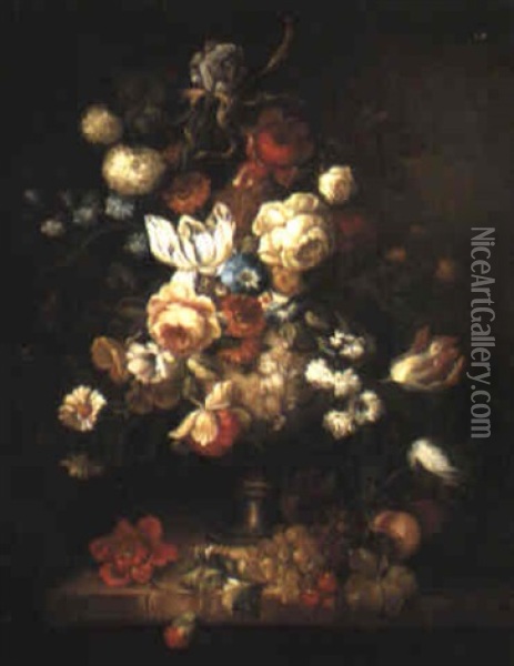 Still Life Of Flowers In Elaborate Urns Oil Painting - Jan Van Huysum