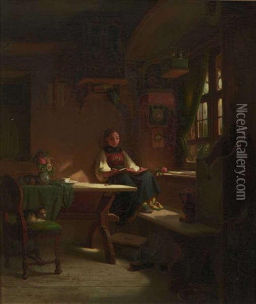 Lesendes Bauernmadchen In Der Stube Oil Painting - Johann Baptist Kirner