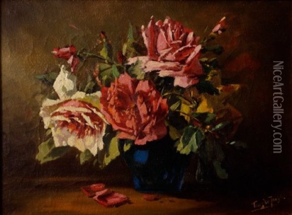 Roses In A Blue Vase Oil Painting - Tinus de Jongh