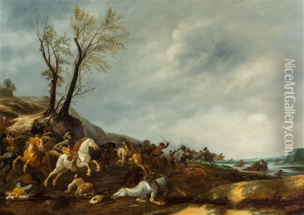 Cavalry Battle Nearby A River Oil Painting - Jan Jacobsz van der Stoffe