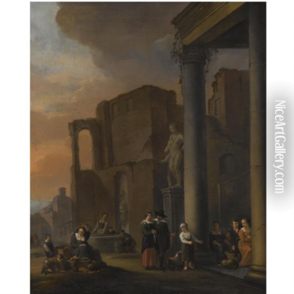 A Capriccio Scene With Classical Ruins And Figures Selling Fruit And Vegetables In The Foreground Oil Painting - Antoon Goubau