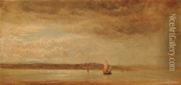 A Steamer At Dusk (+ Sail Boats On Still Waters; Pair) Oil Painting - Louis Remy Mignot