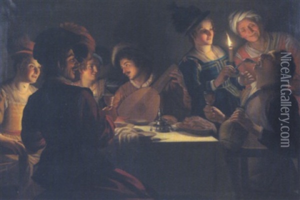 Frohliche Tischgesellschaft Bei Kerzenschein Oil Painting - Gerrit Van Honthorst