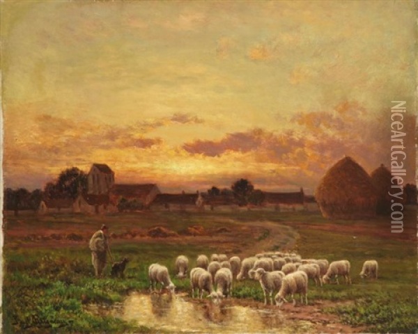 Troupeau S'abreuvant Oil Painting - Paul Chaigneau