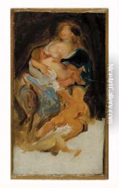 A Mother Nursing A Child With Another Child Standing Besideher Oil Painting - Henry-Eugene Delacroix