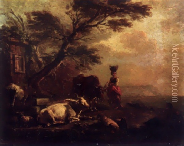 A Maid And A Herdsman By A Fountain Oil Painting - Dirk van Bergen