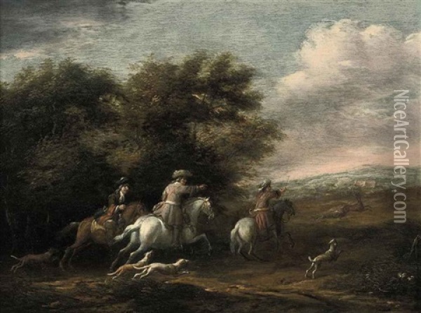 A Wooded Landscape With A Hunting Party Oil Painting - Barend Gael