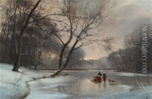 Winter Scenery With Persons On A Frozen Forest Lake Oil Painting - Frederik Niels Martin Rohde