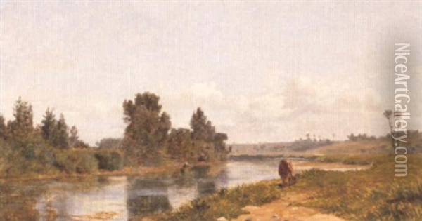 A River Landscape Oil Painting - Victor Jean Baptiste Barthelemy Binet