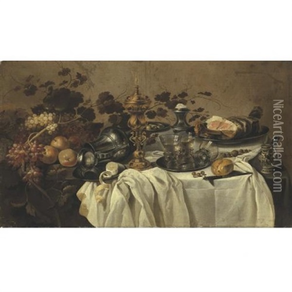 A Gilt Cup And Cover, An Overturned Pewter Jug, Fruit, A Ham On A Pewter Plate, Three Berkmeyer Glasses On A Pewter Plate, A Salt, A Porcelain Mustard Pot, A Knife And A Partly Peeled Lemon On A Table Oil Painting - Cornelis Cruys