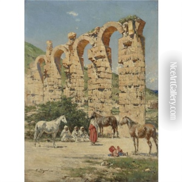 Horses Halted In Front Of The Ruins Of The Aqueduct Of The Oued Bella, Cherchell, Algeria Oil Painting - Victor Pierre Huguet