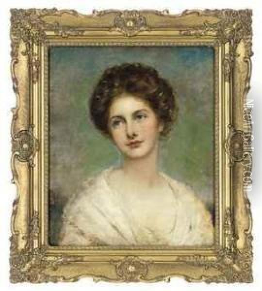 Portrait Of A Lady, Bust-length, In A White Dress Oil Painting - John Hanson Walker