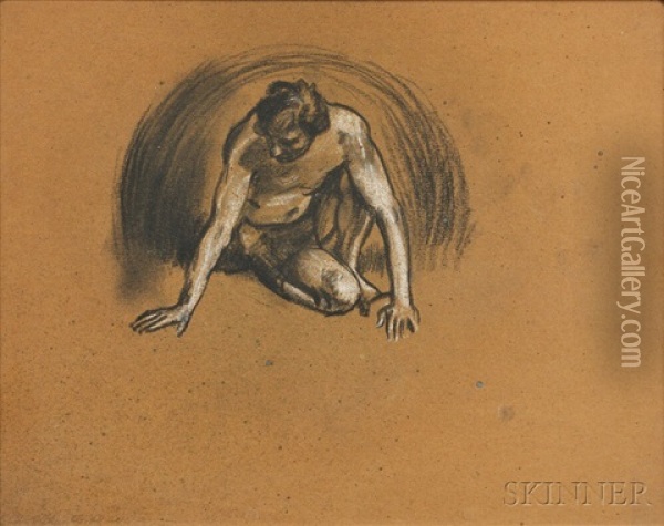 Three Framed Figure Drawings: Crouching Male, Seated Male Nude Oil Painting - Arthur B. Davies