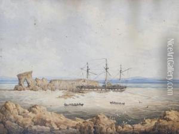 Hms Success On The Rocks Off Pulo Carnac, Swan River, Fremantle Oil Painting - H. Worsley