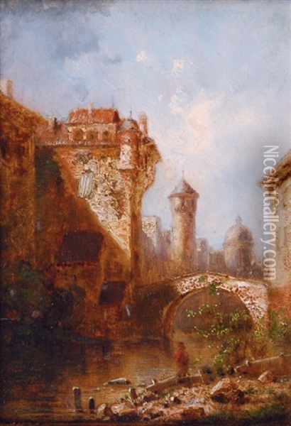 Old Town With A Bridge Oil Painting - Edward Allen Schmidt