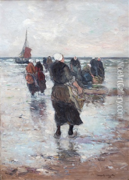 Fisherfolk On The Beach Awaiting The Day's Catch Oil Painting - Gerhard Arij Ludwig Morgenstjerne Munthe