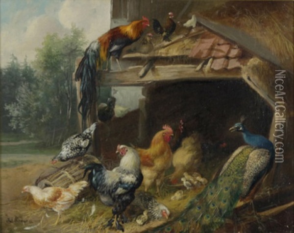 Huhnerhof, Am Rechten Bildrand Ein Pfau Oil Painting - Julius Scheuerer