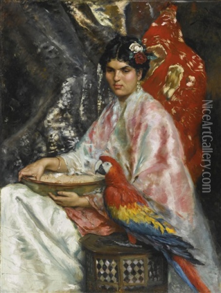 Lady With A Parrot Oil Painting - Julius LeBlanc Stewart