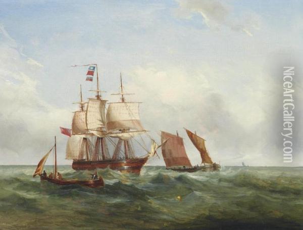 A Pilot Boat Guiding A Three-masted Barque Inshore Oil Painting - Ralph R. Stubbs