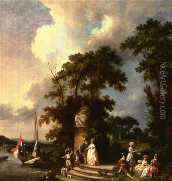 L'embarquement Pour Cythere: An Elegant Company In A Park   Preparing To Board A Pleasure Boat Oil Painting - Jean-Baptiste Leprince