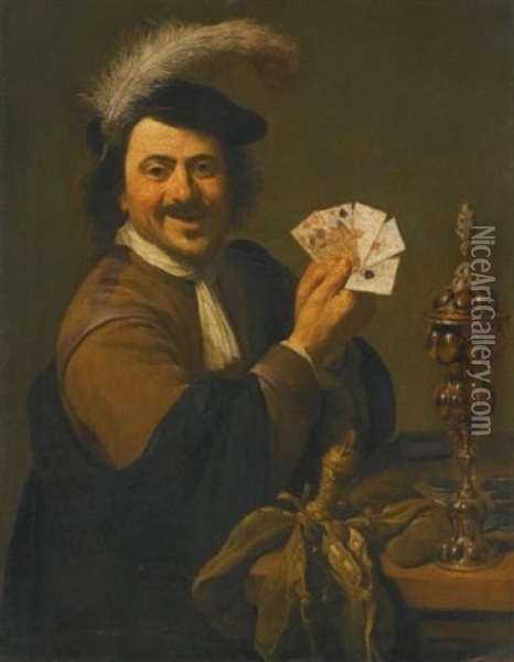 A Card Player Showing His Hand Oil Painting - Adriaen van Utrecht and Theodoor Rombouts