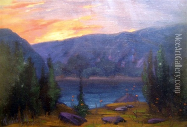 Sundown At Tadousac, Quebec (+ The Rising Moon At Tadousac, Quebec; 2 Works) Oil Painting - Joseph Archibald Browne