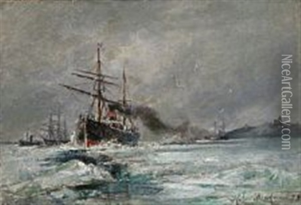 Seascape With Sailing Ships On Icy Sea Oil Painting - Holger Henrik Herholdt Drachmann