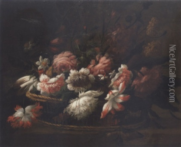 Roses, Tulips, And Other Flowers In A Basket On A Ledge Oil Painting - Nicolas Baudesson