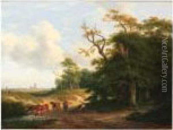 Cowherds At The Edge Of A Forest, The Hague In The Distance Oil Painting - Pieter Daniel van der Burgh