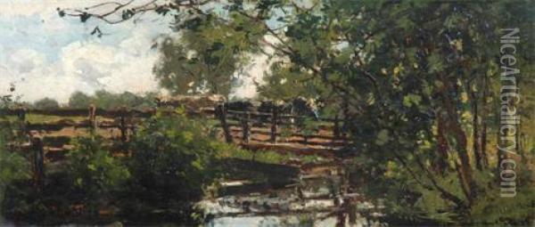 River Landscape With Cattle Crossing A Bridge Oil Painting - Arnold Marc Gorter